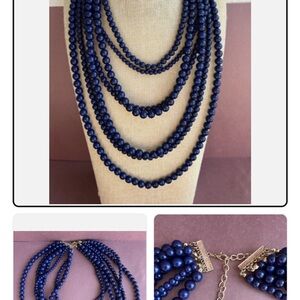 Elegant Blue Beads Layered Necklace 7 Strands with Lobster Closure